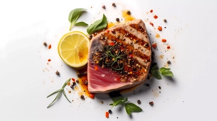 Isolated grilled tuna fillet, with spices, herbs and sauce. Generative AI technology.