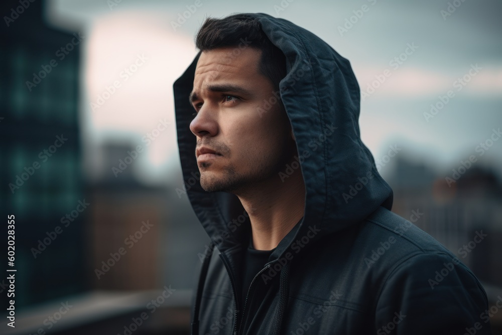 Wall mural Portrait of a handsome young man in a black jacket on a background of the city