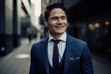 Fototapeta premium Portrait of a handsome young man in a suit on the street