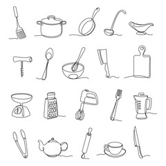 Fototapeta One line kitchen tools. Minimalistic cooking equipment continued lines, chefs utensil and culinary gear vector set obraz