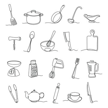 One line kitchen tools. Minimalistic cooking equipment continued lines, chefs utensil and culinary gear vector set