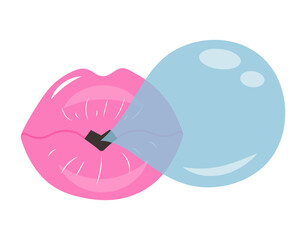 Cute pastel glossy lips with gum bubble. Female mouth inflates a bubble of chewing gum. Vintage trendy y2k patch or sticker