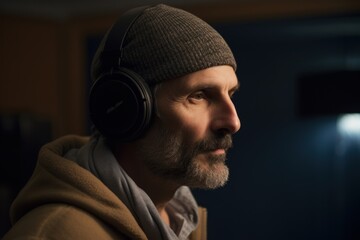 Portrait of a bearded man listening to music with headphones in the dark
