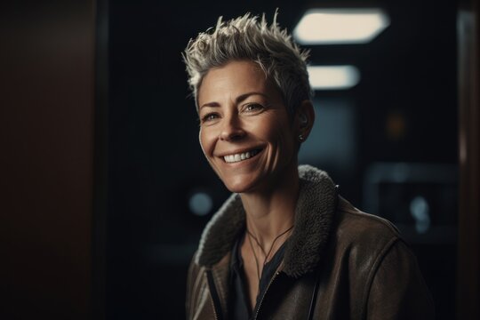 Lifestyle Portrait Photography Of A Grinning Woman In Her 40s Wearing A Chic Cardigan Against A Recording Studio Or Sound Booth Background. Generative AI