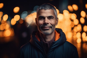 Portrait of a smiling middle-aged man in the city at night.