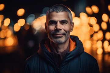 Fototapeta premium Portrait of a smiling middle-aged man in the city at night.