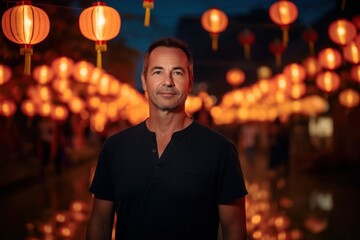 Obraz premium Portrait of a handsome man in a black t-shirt standing among the lanterns during the lunar new year