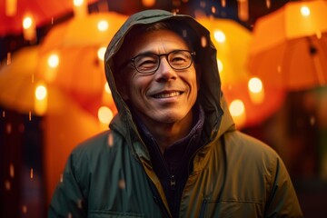 Obraz premium Portrait of happy Asian man in raincoat and eyeglasses looking at camera.