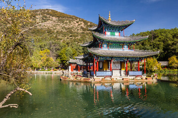 Naklejka premium Five Phoenix Pavilion in Black Dragon Pool Park in Lijiang, Yunnan province, China