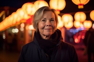 Pet portrait photography of a pleased woman in her 50s wearing a versatile overcoat against a floating lanterns or light festival background. Generative AI