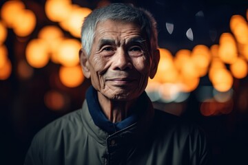 Fototapeta premium Portrait of an elderly asian man in the city at night