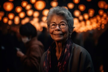 Asian senior woman wearing face mask and looking at camera in chinese lantern festival