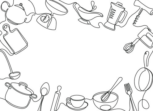 Continuous one line kitchen frame. Cooking utensils banner template, culinary gear and chefs tools hand drawn vector illustration