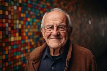 Portrait of a senior man with glasses against the background of a colorful mosaic wall