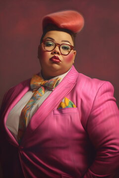 curvy drag king wearing pink suit and bowtie with glasses and pocket square isolated on studio background, made with generative ai