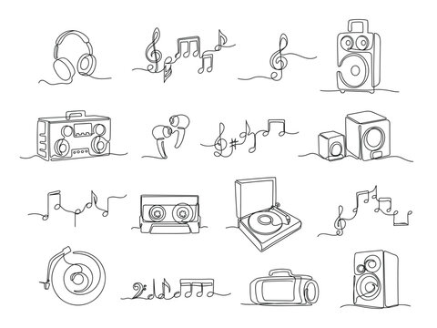 Continuous one line music illustrations. Linear headphones, audio speakers and scribble hand drawn notes vector set