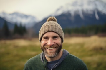 Naklejka na ściany i meble Portrait of a smiling man in a knitted hat and sweater against the background of a mountain landscape