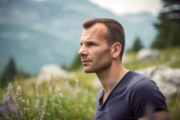 Photography in the style of pensive portraiture of a satisfied man in his 30s wearing a sporty polo shirt against an alpine meadow or mountain wildflowers background. Generative AI - obrazy, fototapety, plakaty