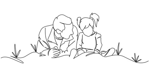 Fathers day line art style vector illustration, father and daughter line art illustration