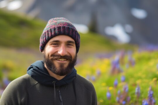 Handsome bearded hipster man in a hat and sweater smiling at the camera in the mountains.