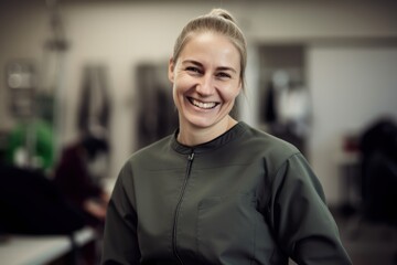 Portrait of a smiling young woman looking at camera in a gym