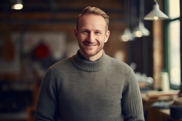 Fototapeta premium Portrait of handsome young man in casual clothes looking at camera and smiling while standing in cafe
