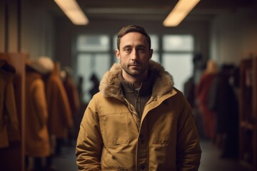Obraz premium Portrait of a handsome young man in a yellow winter jacket.