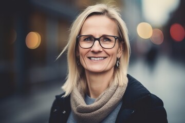 Portrait of beautiful middle aged woman with eyeglasses in the city