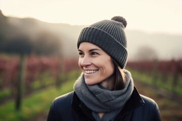 Portrait of smiling woman in hat and scarf standing in vineyard