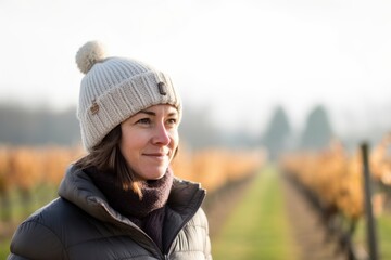 Portrait of a smiling young woman in a winter hat and coat in a vineyard