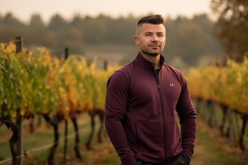 Young handsome man in sportswear standing in vineyard in autumn