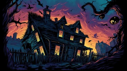 A horror scene of a haunted house with ghostly figures in the windows. Fantasy concept , Illustration painting. Generative AI