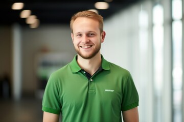 Fototapeta premium Environmental portrait photography of a pleased man in his 20s wearing a sporty polo shirt against an office or corporate background. Generative AI