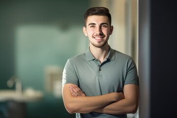 Environmental portrait photography of a pleased man in his 20s wearing a sporty polo shirt against an office or corporate background. Generative AI