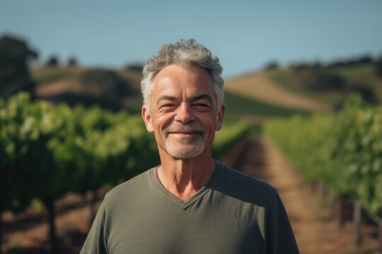 Full-length Portrait Photography Of A Pleased Man In His 50s Wearing A Casual T-shirt Against A Vineyard Or Winery Background. Generative AI