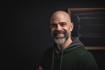 Portrait of a smiling middle-aged man in front of a chalkboard