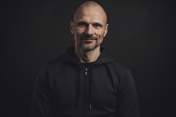 Portrait of a bald man in a black sweatshirt on a dark background