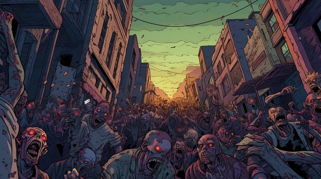 A horror scene of a zombie outbreak in a city. Fantasy concept , Illustration painting. Generative AI