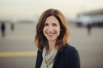 Fototapeta premium Portrait of a smiling young woman on the background of an airplane
