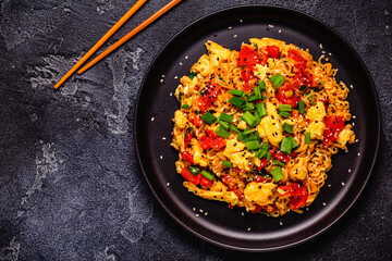 Korean style instant noodle, Shin Ramyeon with tomatoes and scrambled eggs.