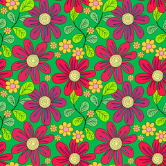 Designer seamless pattern with flowers and leaves on a green background. Colorful floral background in a rustic style.