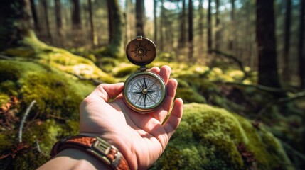 Close-up of a person's hand holding a compass while hiking in a forest.
