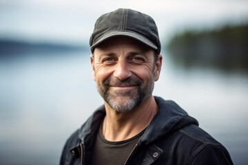 Medium shot portrait photography of a grinning man in his 40s wearing a cool cap or hat against a crystal clear lake or serene water background. Generative AI
