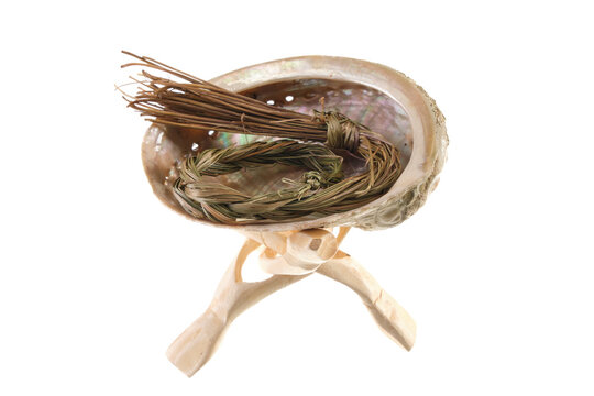 Sweetgrass braid (Hierochloe odorata) in an abalone shell on a wooden cobra stand, isolated on white background