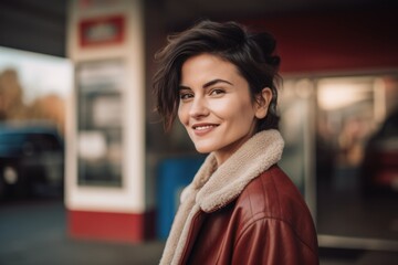 portrait of beautiful young woman in brown coat smiling at camera at gas station