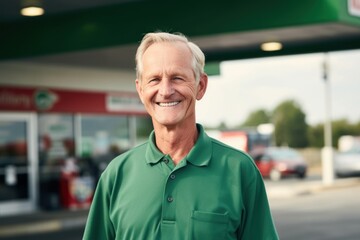 Portrait of happy senior man in green shirt standing at gas station