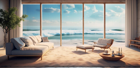 Fototapeta premium Sun, Sand and Sea: A Coastal Living Room with the Ultimate Vacation Vibe