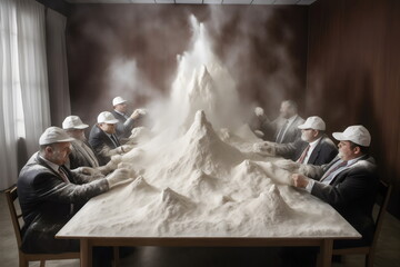 business men sitting at boardroom table covered in piles of white powder cocaine, made with generative ai - obrazy, fototapety, plakaty