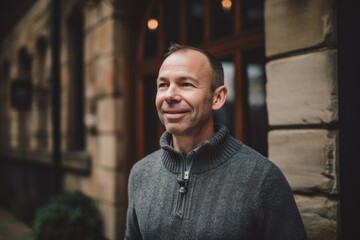 Obraz premium Portrait of a handsome middle-aged man in a gray sweater on the street