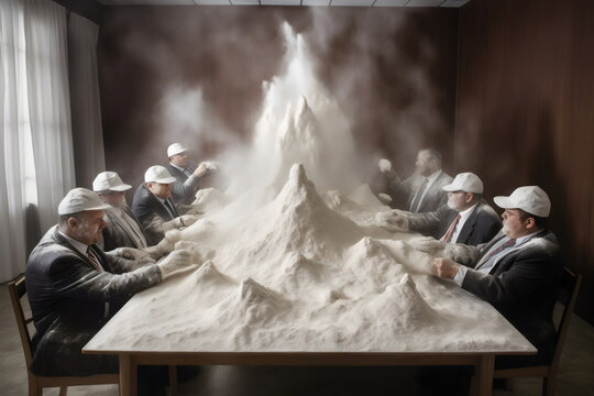 Business Men Sitting At Boardroom Table Covered In Piles Of White Powder Cocaine, Made With Generative Ai